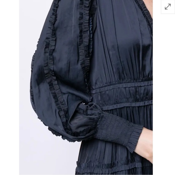 ULLA JOHNSON Gemma Satin Like Mini Dress V Neck Bishop Sleeve Midnight Blue - Picture 3 of 14